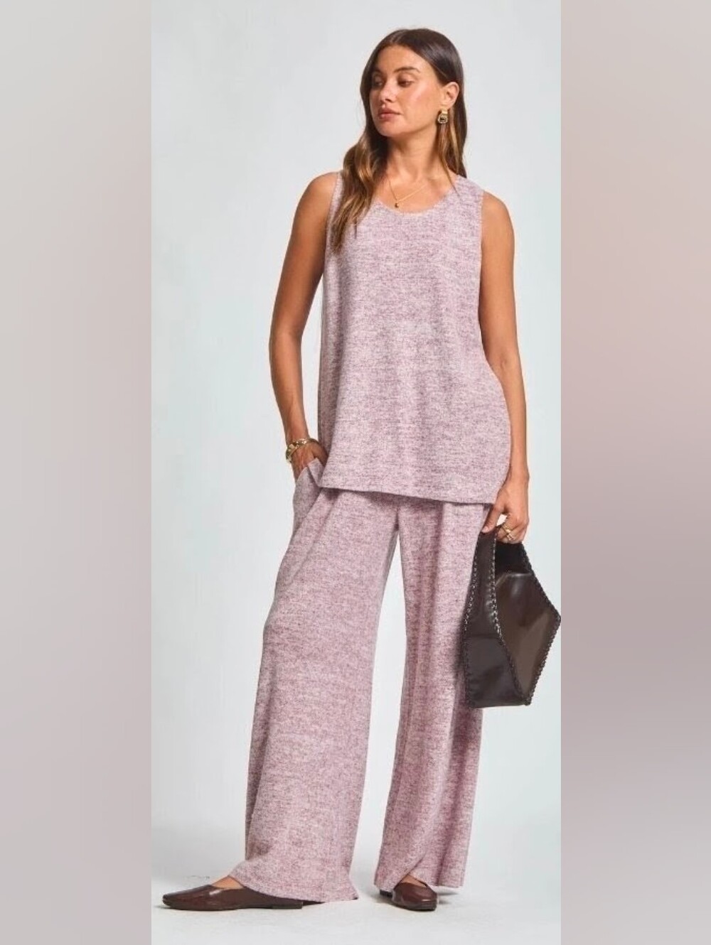 Dear Scarlett 2- Piece Wide-Leg Knit Pants in Mauve Heather and Top